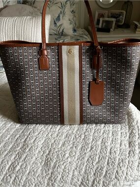 Tory Burch Brown Logo Stripe Canvas Tote with Tan Leather